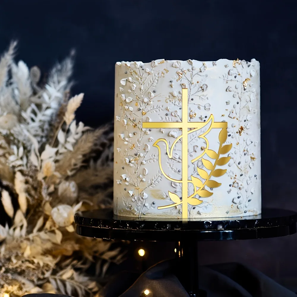 1/5 Stück Goldenes Kreuz & Taube Kuchendeckel Heilige Kommunion Dekor, Taufe Partyzubehör, Erstkommunion Kucheneinsatz Babyparty – Detail 5