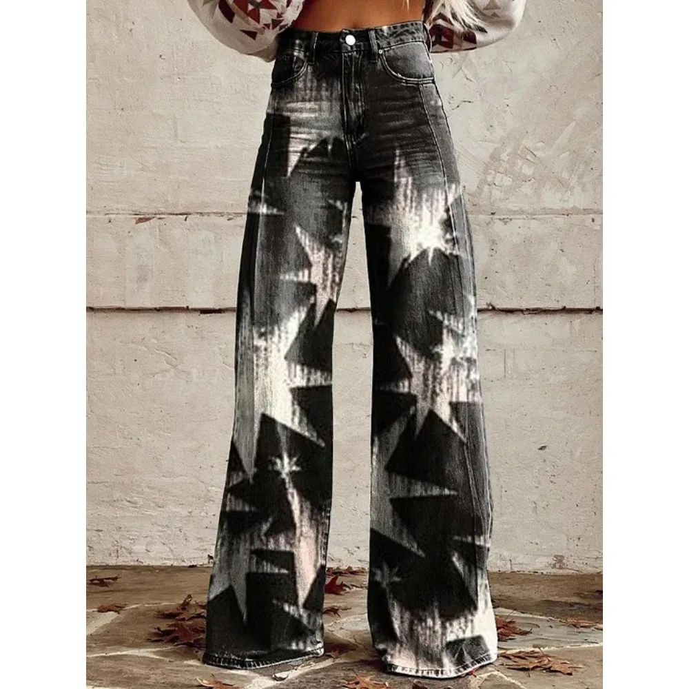Vintage Galaxy Star Print Hose mit hoher Taille und weitem Bein, Damen-Baumwollhose, lässige Streetwear-Hose für Festivals und Konzerte – Detail 9