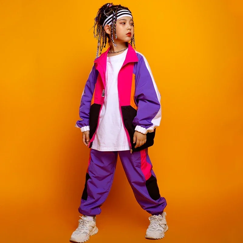 지퍼 재킷 루즈 팬츠 캐주얼 힙합 세트, 소녀 스트리트웨어, 소년 재즈 공연 의상, 어린이 힙합 의류