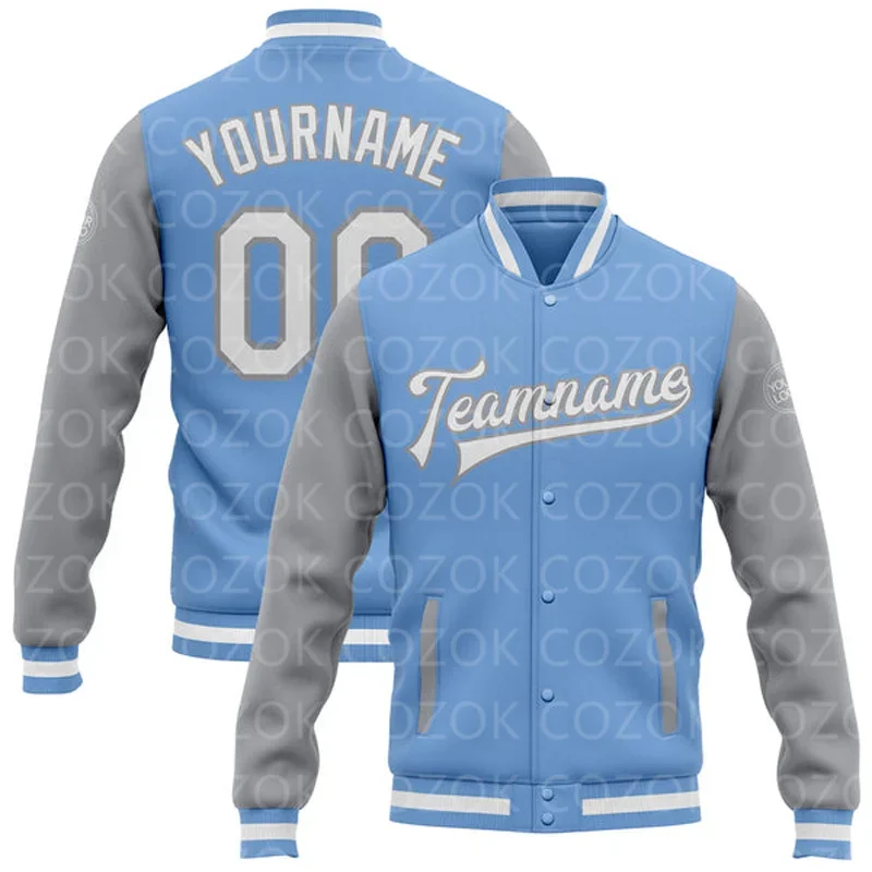 Custom Blue Color 3D Printed Baseball Button Jacket Bomber Full-Snap Varsity Letterman Jacket