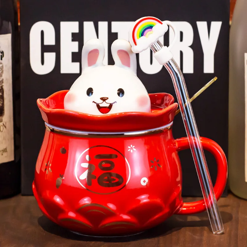 

High Aesthetic Red Rabbit Ceramic Mug, Straw Cups with Lid Spoon, Cute Breakfast Milk Coffee Mugs, Couple Tea Cup Birthday Gift