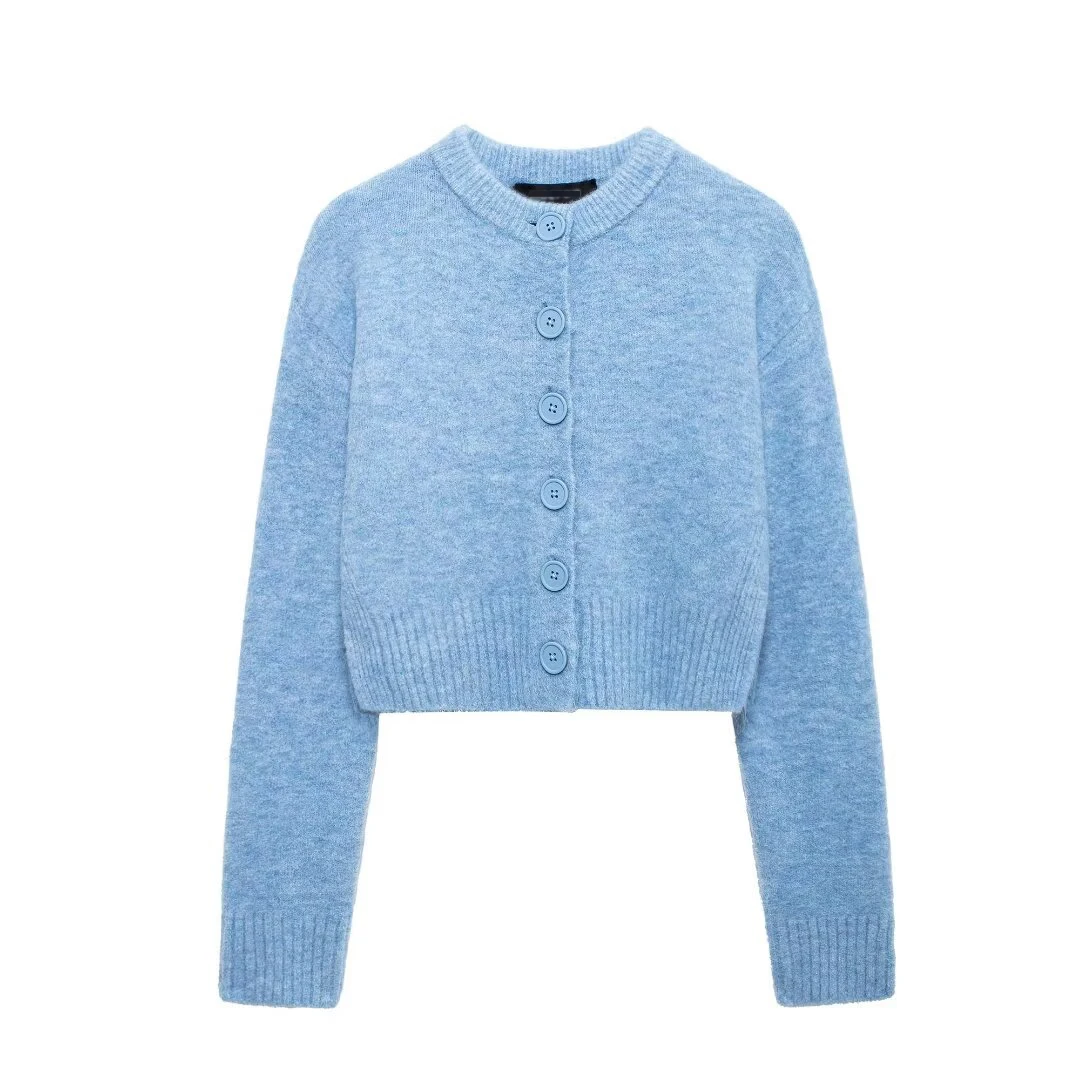 Tangada 2024 Women Elegant Blue Cardigan Sweaters Buttons Long Sleeve Female Crop Jumper 3H0914