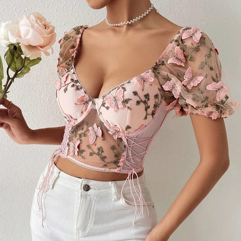 Puff Sleeve Crop Tops For Women Short Sleeve Mesh Embroidery Patchwork Boho Spring Floral V Neck Tee Shirts Corset Tops