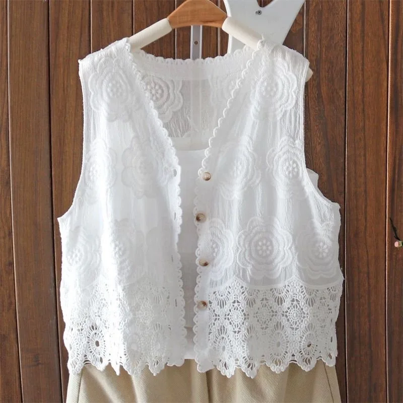 

Women Summer Crochet Lace Vest Thin Sheer Black White Beige Sleeveless Cardigan Coat Boho Hollow Out Embroidery Cotton Tank Top