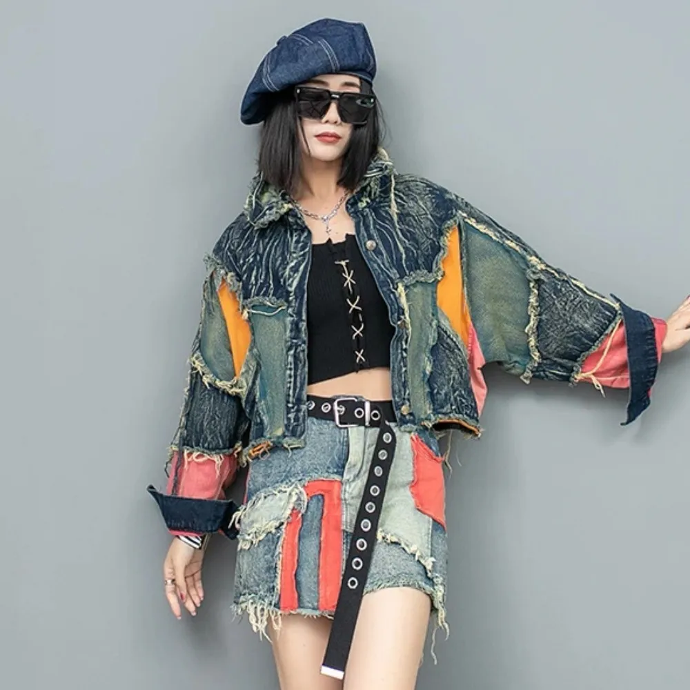 

2024 Spring Autumn New Personalized Multiple Contrasting Color Long Sleeved Denim Jacket Women LX946