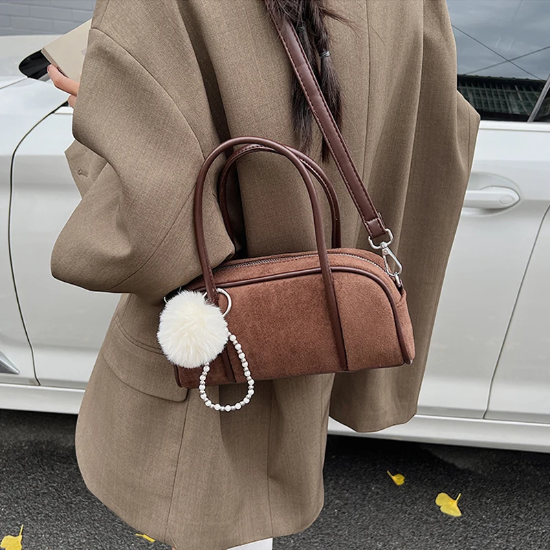 

Autumn Korean Style Retro Faux Suede Women Handbag Chic Elegant Solid Color Shoulder Bag with Pendant Trend Zipper Messenger Bag