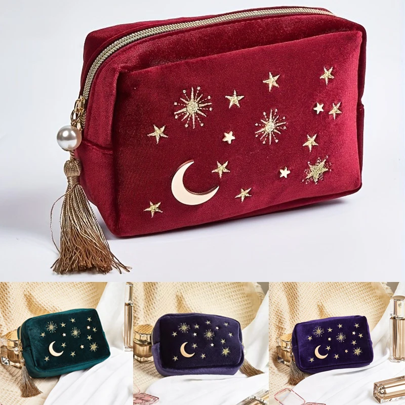 

Makeup Bag Large Capacity Beautifully Embroidered Stars Moon Decorated Inner Pocket Organizer Bag The Best Gift for Mother's Day