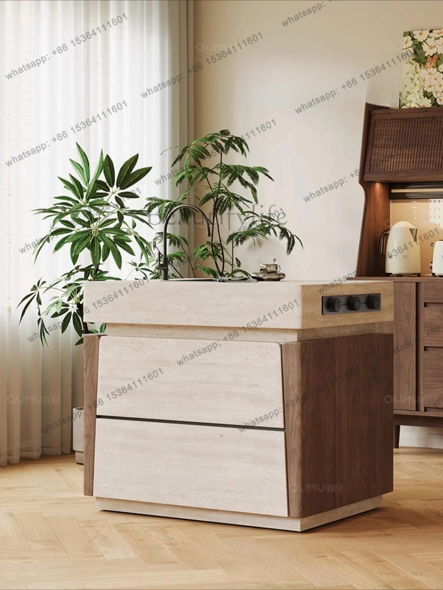 

Travertine Nakajima Terrace retro walnut high-end home multi-function customizable kitchen bar single guide table