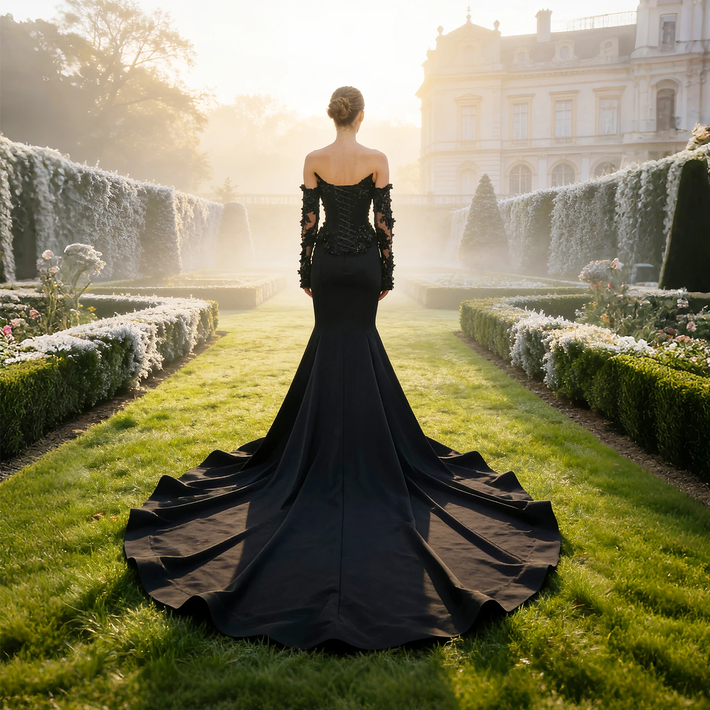 Sheer Fairy Women' s Elegant Black Satin Wedding Gowns Mermaid Sequined 3D Floral Bridal Dresses Pearls Beaded SW553 Customized