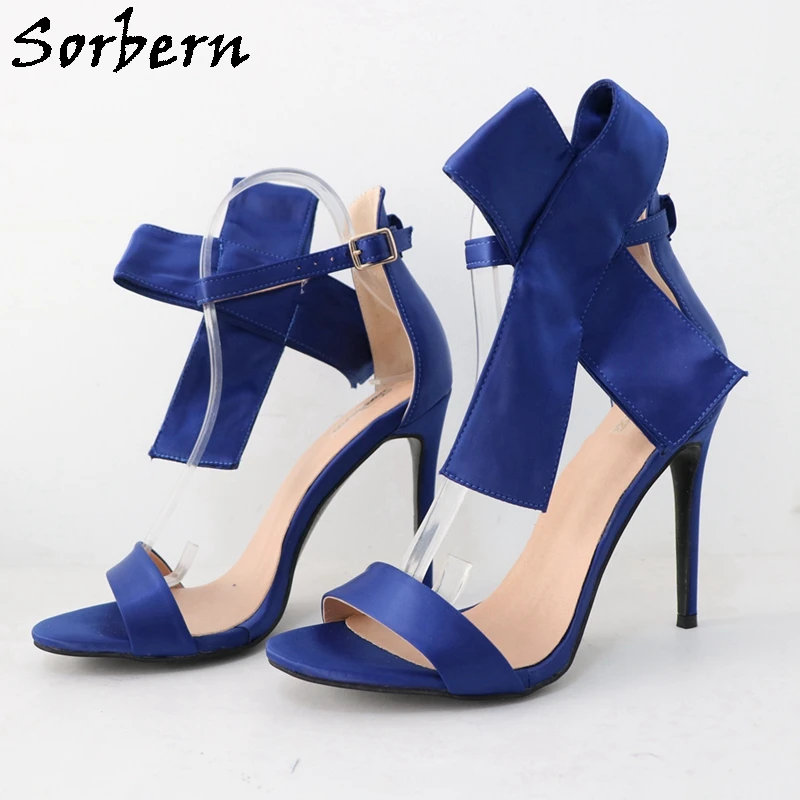 Sandalias de Tacón Alto Sorbern Blue Sation para Mujer, Stilettos con Lazo Cruzado en el Lateral, Tira Única en el Talón, Colores Personalizados