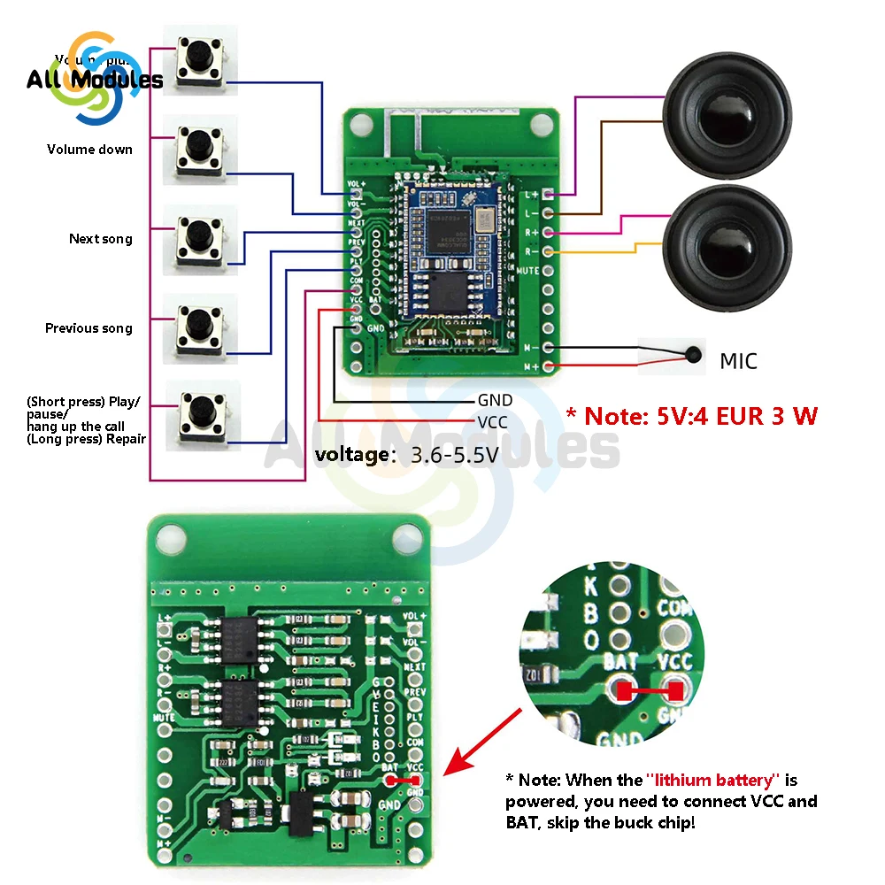 Blue-tooth 5.1 Receiving Module Supports APTX APTXHD Power Amplifier Board 3.6-5.5V QCC3034