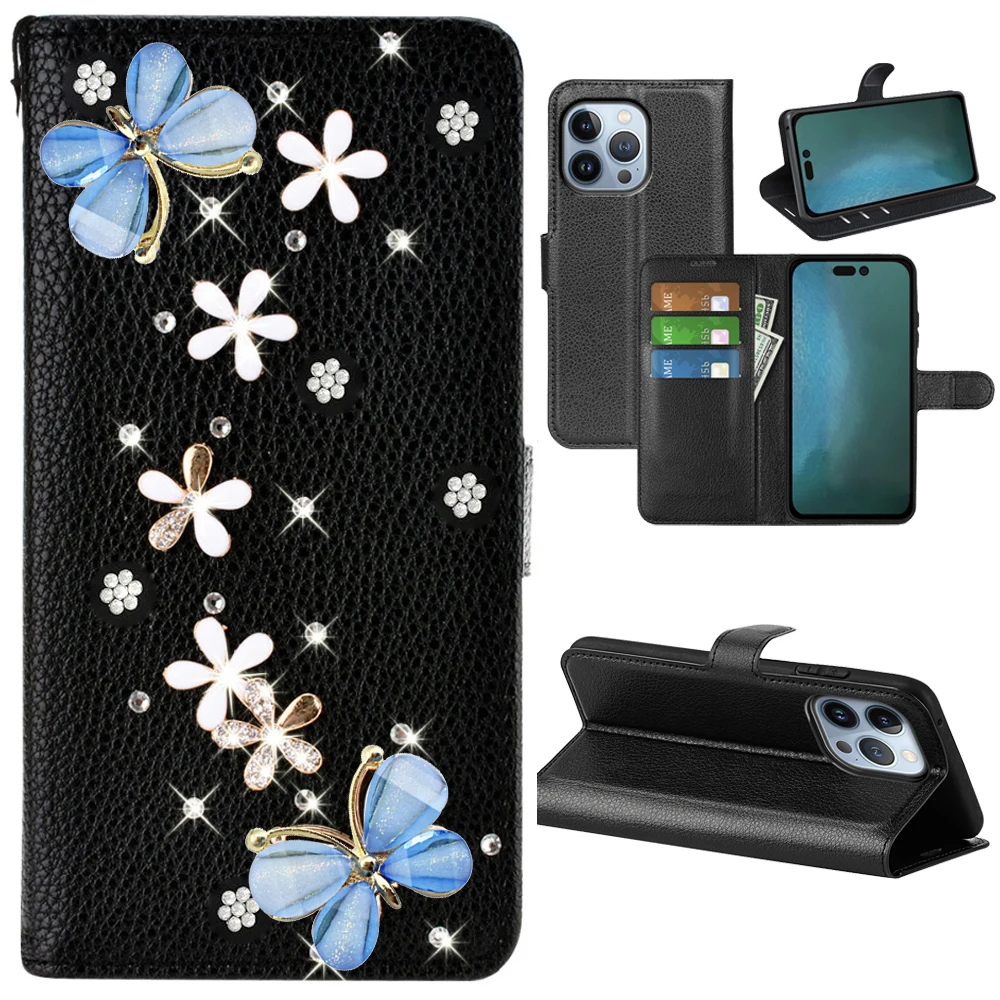 

Butterfly Leather Case For iPhone 15 14 Plus Floral Wallet Capa 11 13 12 Pro Max Mini Bling Diamond Capa XR X XS Max Fundas