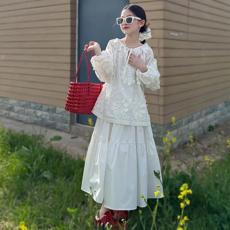 

2025 Summer New Girls' Vacation Style Cotton White Spliced Half Length Skirt