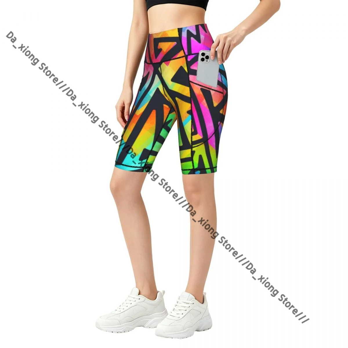 Women High Waist Yoga Shorts Rainbow Grometric Pattern Stretch Hip Lifting Quick Dry Fitness Sports Shorts