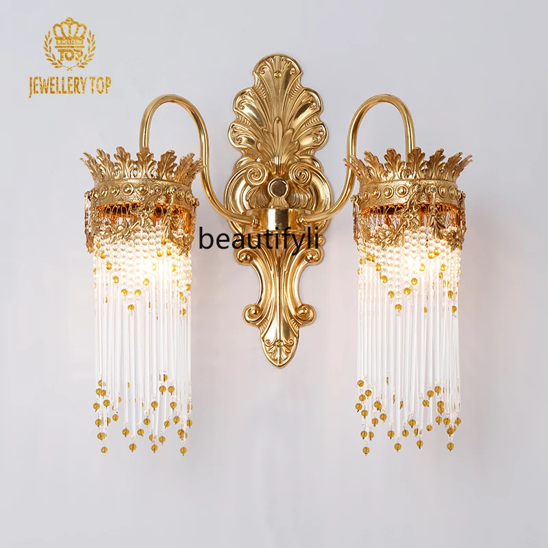 yj European-Style Wall Lamp Bedroom Living Room Study Dining Room Crystal French Luxury Copper Atmosphere