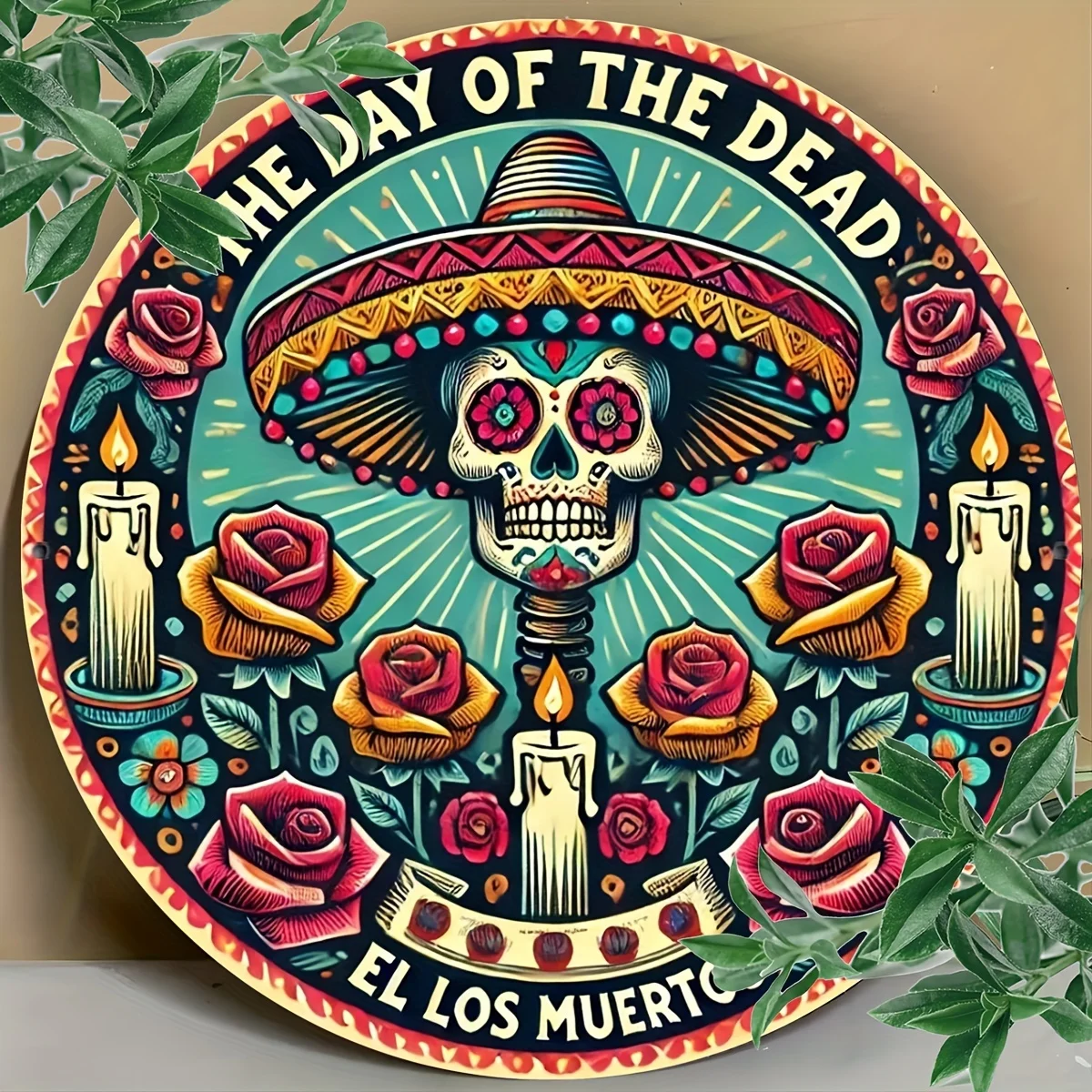 1pc, 8x8 inches, Dia de los Muertos Sugar Skull Wreath Sign, Round Decor for Home, Porch, Wall, Window - Multifunctional Outdoor