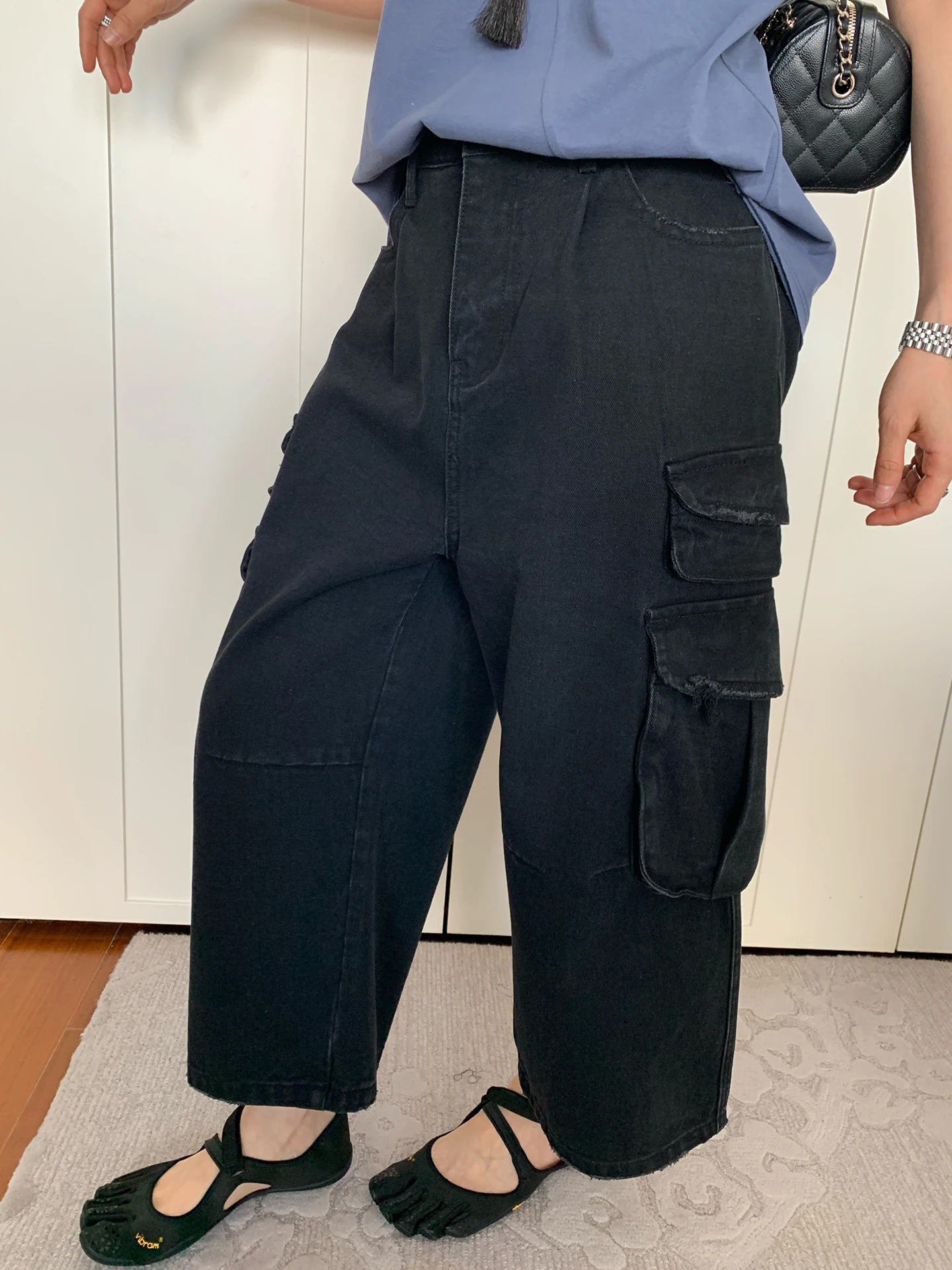 

7AM10PM Casual Cotton Denim Jeans Women's Multi-Pocket Worn-look 9-Piece Pants Spring Fashion Loose Fit Pure Cotton Black