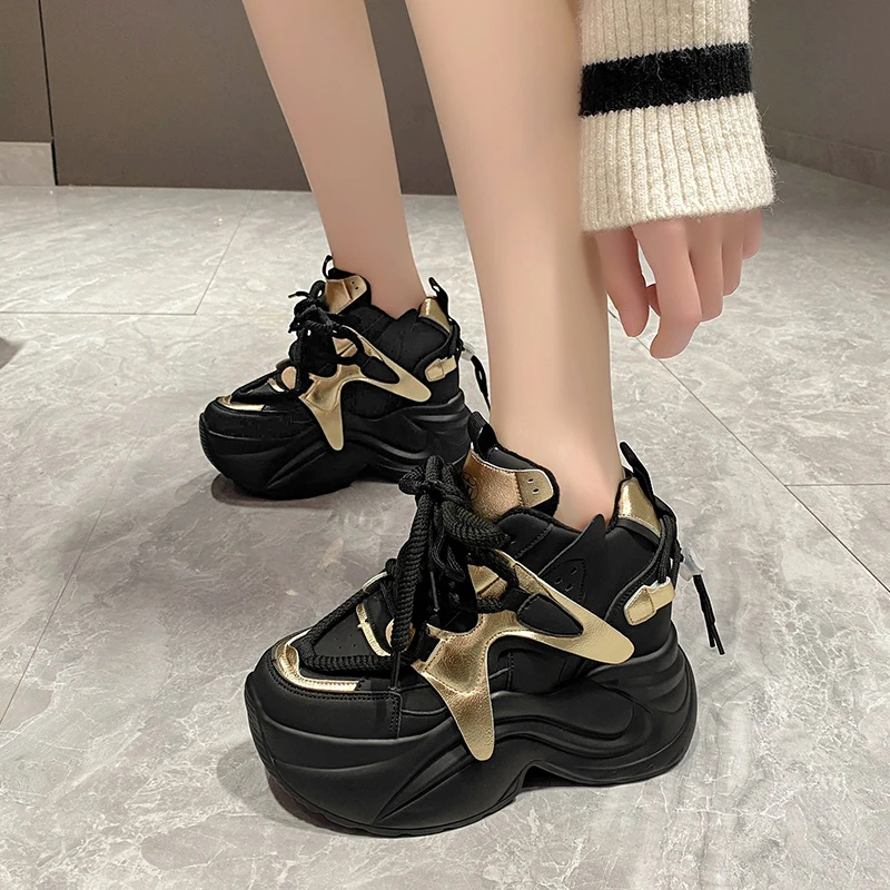 11CM Heels Chunky Sneakers Winter Autumn Women Warm Snow Shoes Comfortable Casual Leather Shoes 2023 Fashion Female Plush Shoes