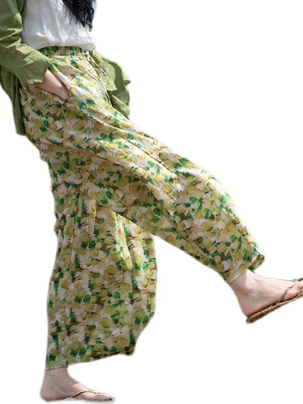 여름 얇은 캐주얼 루즈 와이드 레그 나인 포인트 팬츠 l 허리 통기성 좋은 면 100% 다용도 편안한 레저 트로...