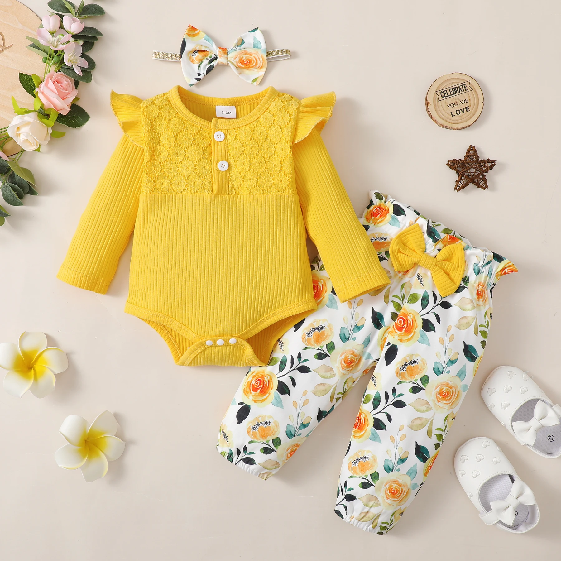 

0-18 Months Newbornold Female Baby Lace Pit strip strip Bodysuit+Printed Pants+Bow Baby girl Headband Spring Autumn 3Pcs Set