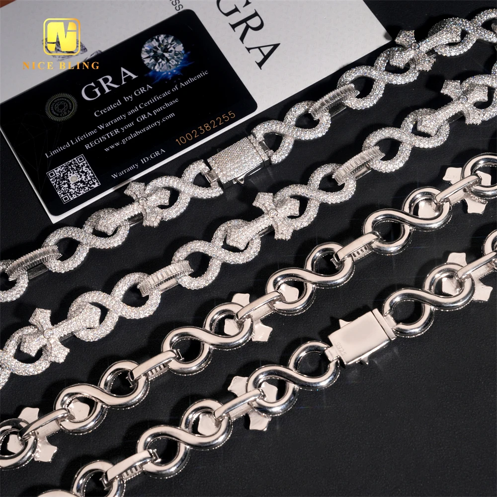 Fully Out Iced Cuban Link Chain 18mm Big Cross Infinite Silver Rapper Jewelry VVS Moissanite Link Hip Hop Chain..