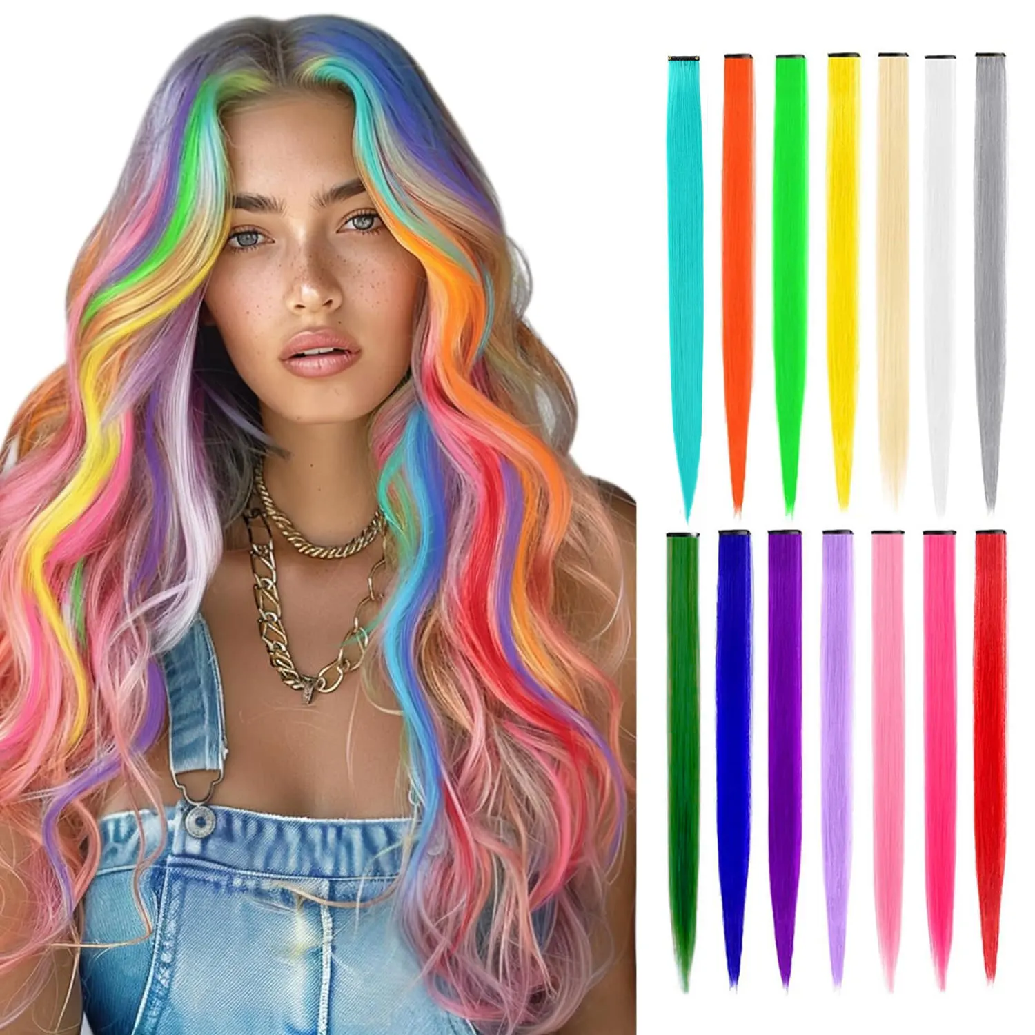 5PCS Colored Clip in Synthetic Hair Extensions Party Highlights Colorful Hair Extensions Rainbow Fake Hair Clips Hairpieces