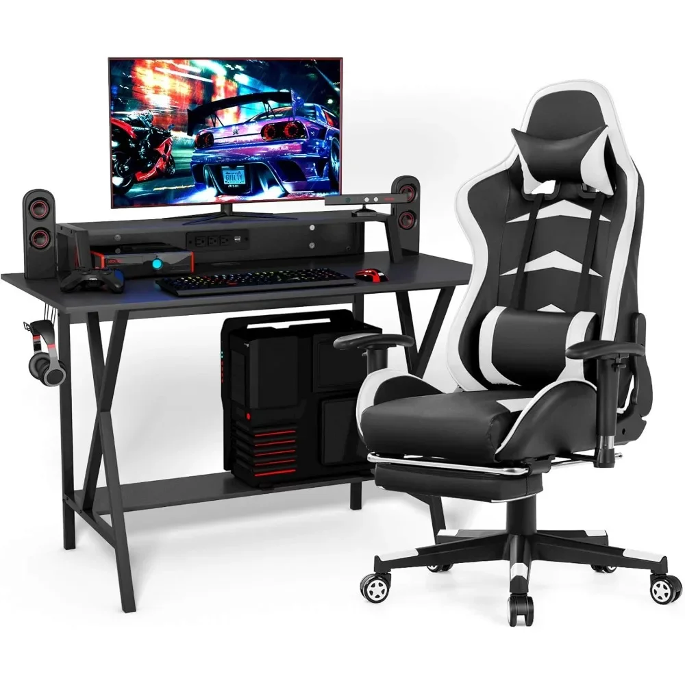 Gaming Desk & Chair Set, W/Monitor Stand, Cup Holder, Earphone Hook, Seat Adjustment, Reclining Backrest, Gamer Desk & Chair Set