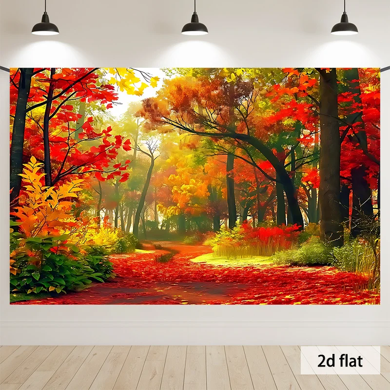 (Partybanner) 1 Stück, 2D flacher Herbstweg, der durch einen lebendigen Waldhintergrund verläuft, dekorativer Hintergrund, Fotorequisiten