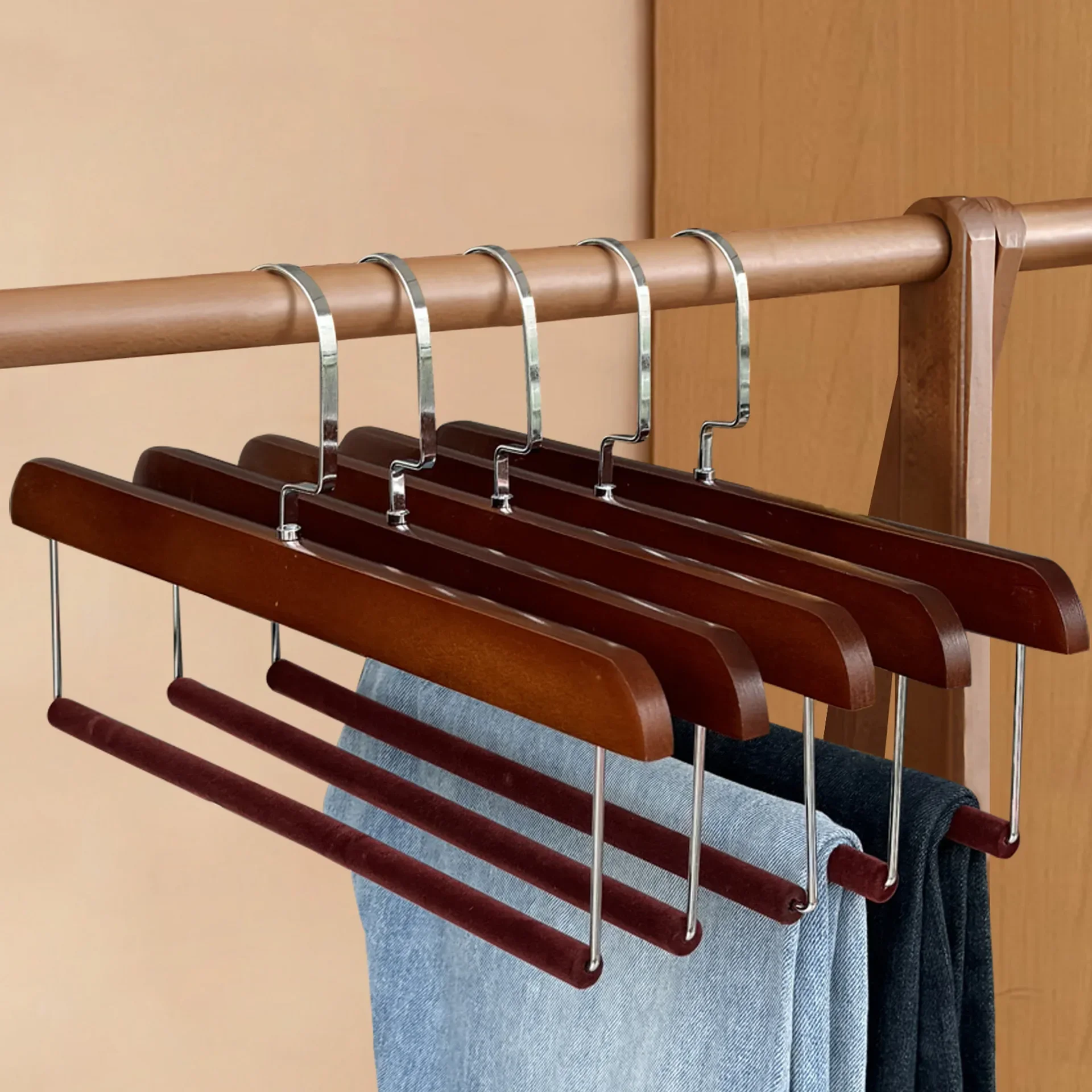 5pcs-premium-solid-wooden-pants-hangernon-slip-blanket-scarf-storage-organizer-rack-for-closetmulti-functional-trouser-holder