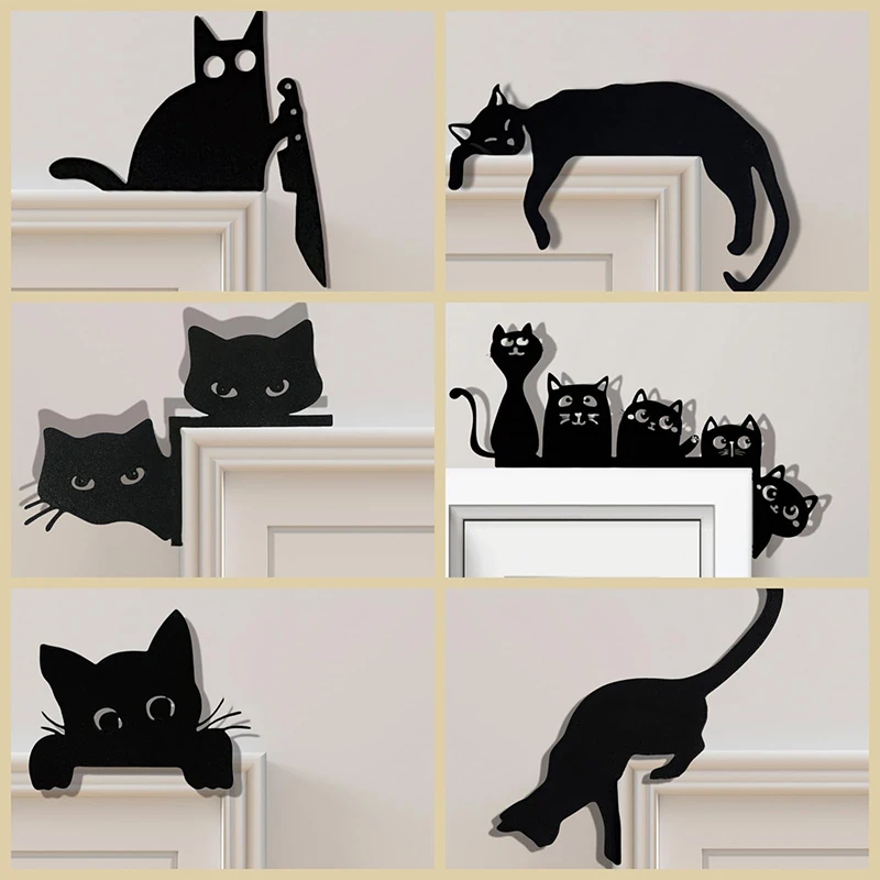 Metal Adorable Cat Door Topper Black Cat Poster Display Metal Door Corner Door Top Decoration Handicrafts Ornaments Decoration