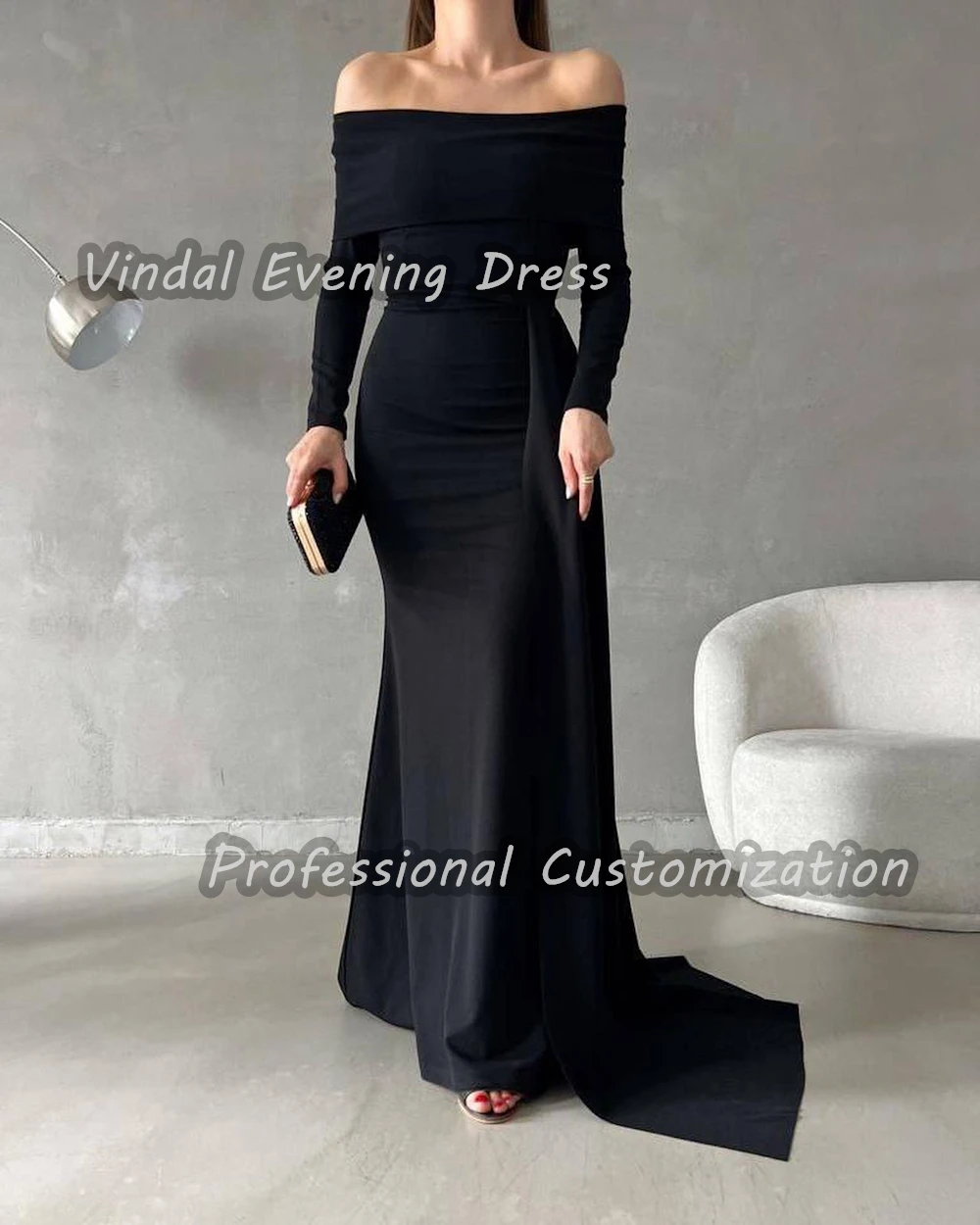 Vindal Crepe Floor length Ruffle Off-the-shoulder luxurious Straight Breast Padding Elegant Long Sleeves السعود For Woman 2024