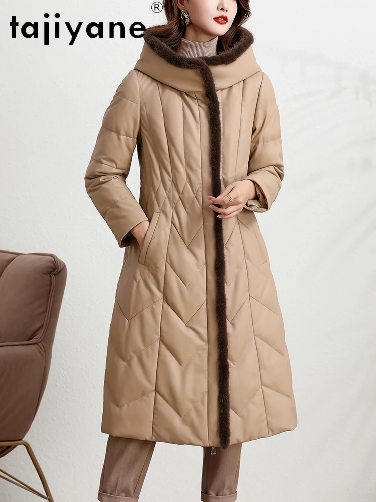 TAJIYANE-abrigo de piel de oveja auténtica para mujer, chaqueta ajustada de cuero genuino con capucha, abrigos con cuello de piel de visón, ropa de invierno para mujer 2025