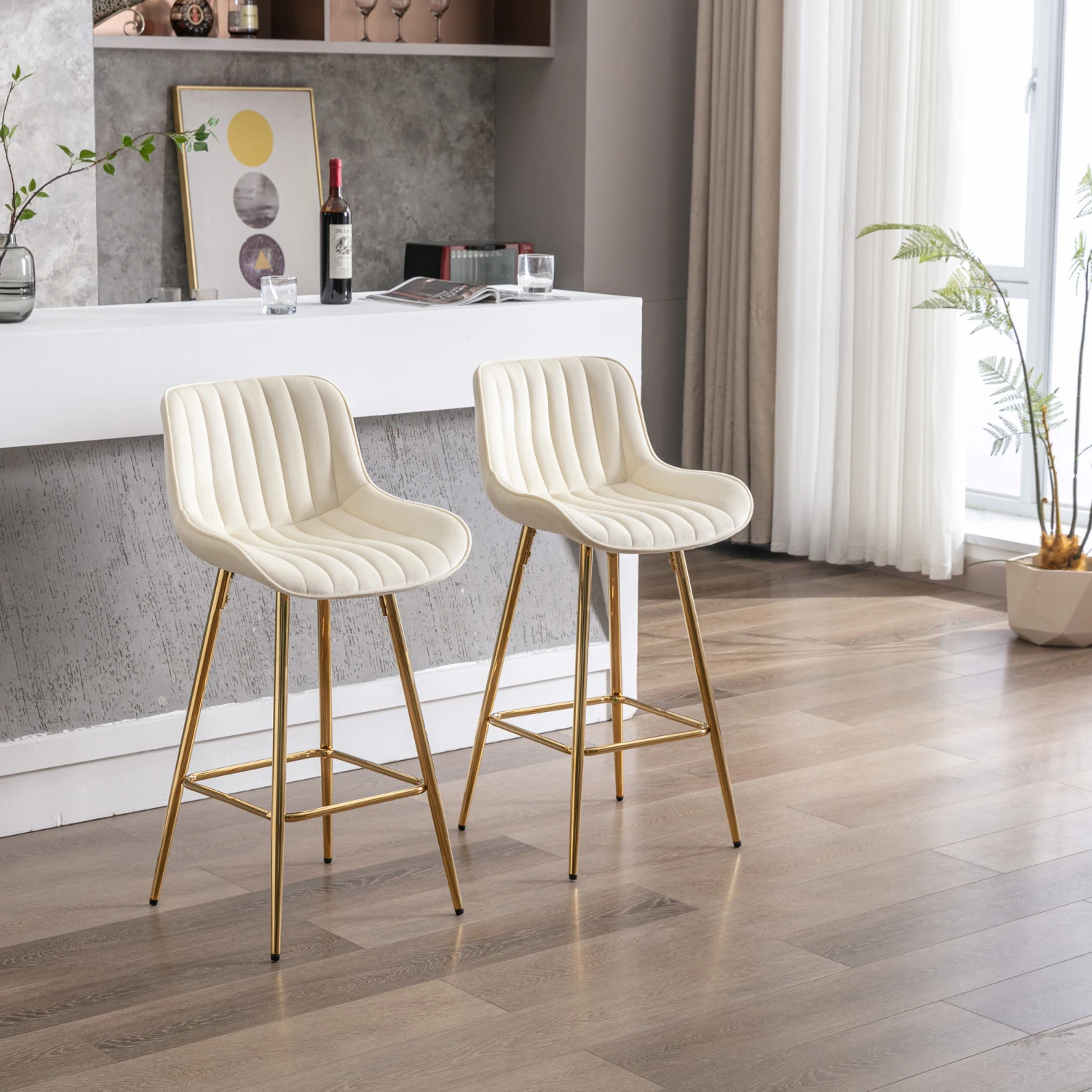 26 Inch Set of 2 Velvet Fabric Bar Stools with Chrome Footrest and Golden Leg - Cream Color