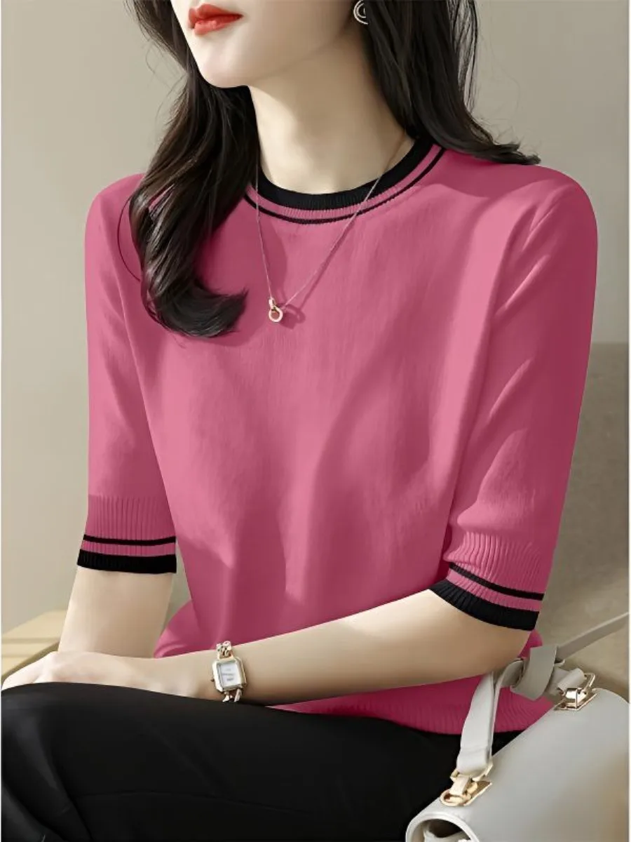 conjunto-de-duas-pecas-feminino-de-verao-camiseta-de-manga-curta-com-gola-redonda-e-tecido-ice-silk-modelo-soltinho-modern