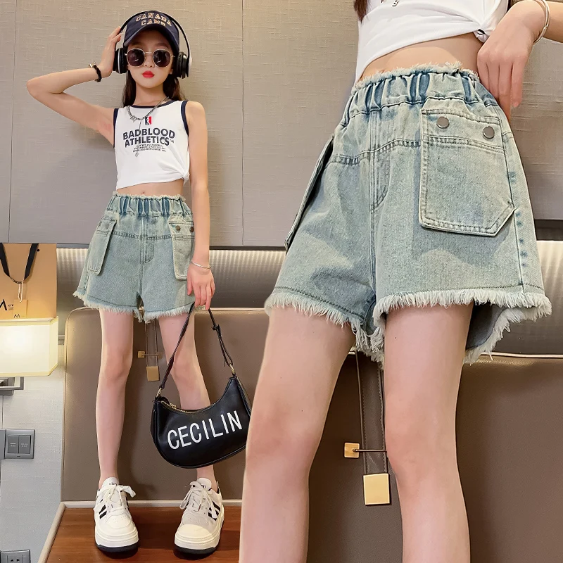

Kids Child Hip Hop Streetwear Distressed Denim Shorts with Raw Hem for Girls Korean Style Harajuku Classic Knee Length Jeans
