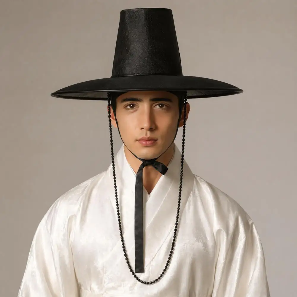 Eleganter Bühnenkostüm-Hut Koreanischer Traditioneller Flachkopfhut mit Perlenkette Anime Cosplay Accessoire für K-Drama Bühne
