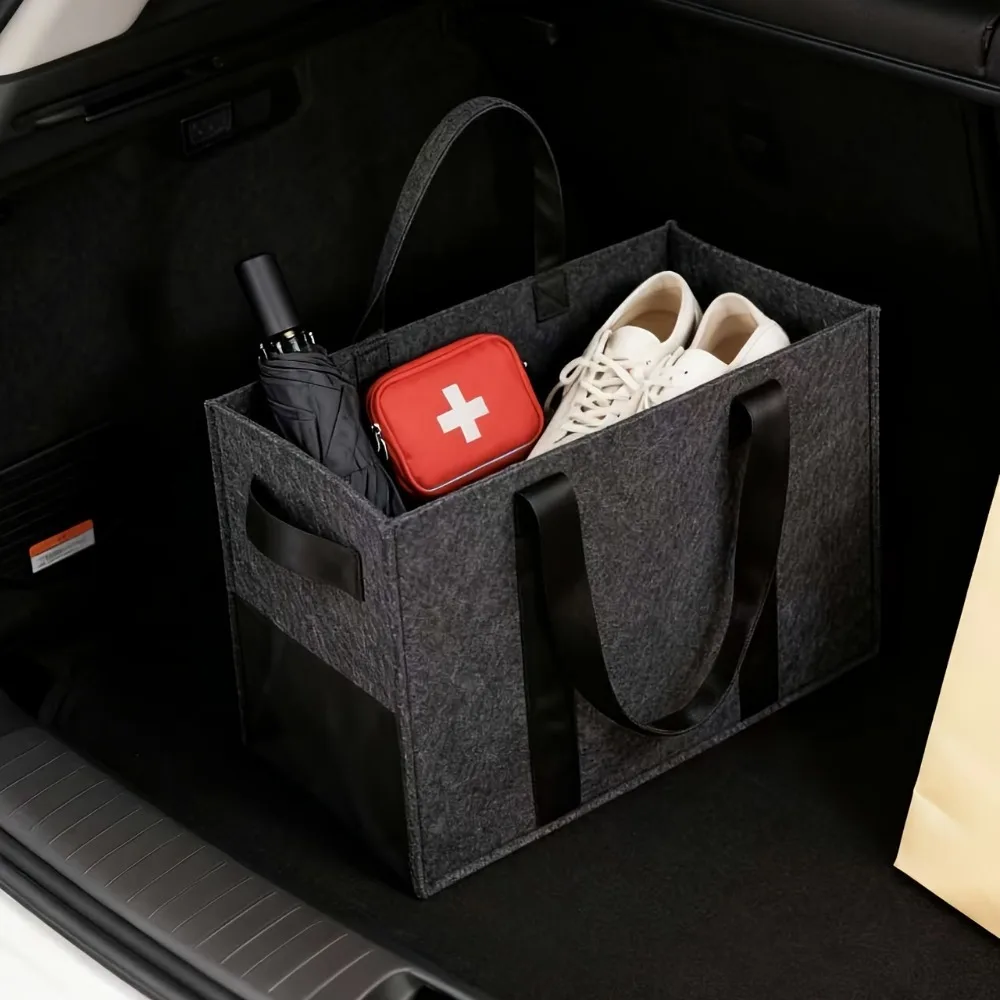 Extra dicke Filz-Aufbewahrungsbox mit Griffen, tragbare Tasche mit mehreren Fächern, die für die Aufbewahrung im Kofferraum verwendet werden kann – Detail 5