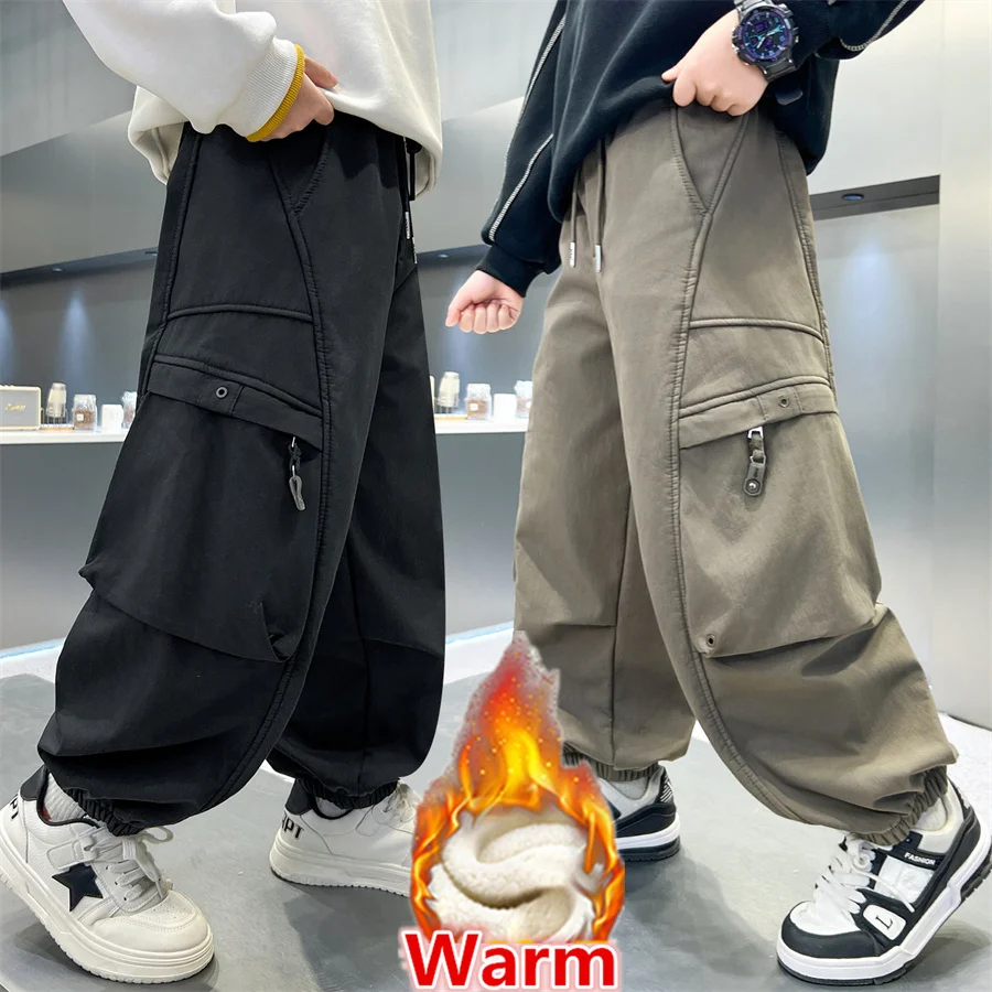 Korean Style Kids Winter Sports Pants with Side Pockets for Teenager Boys Casual Insulated Trousers Child School Warm Sweatpants