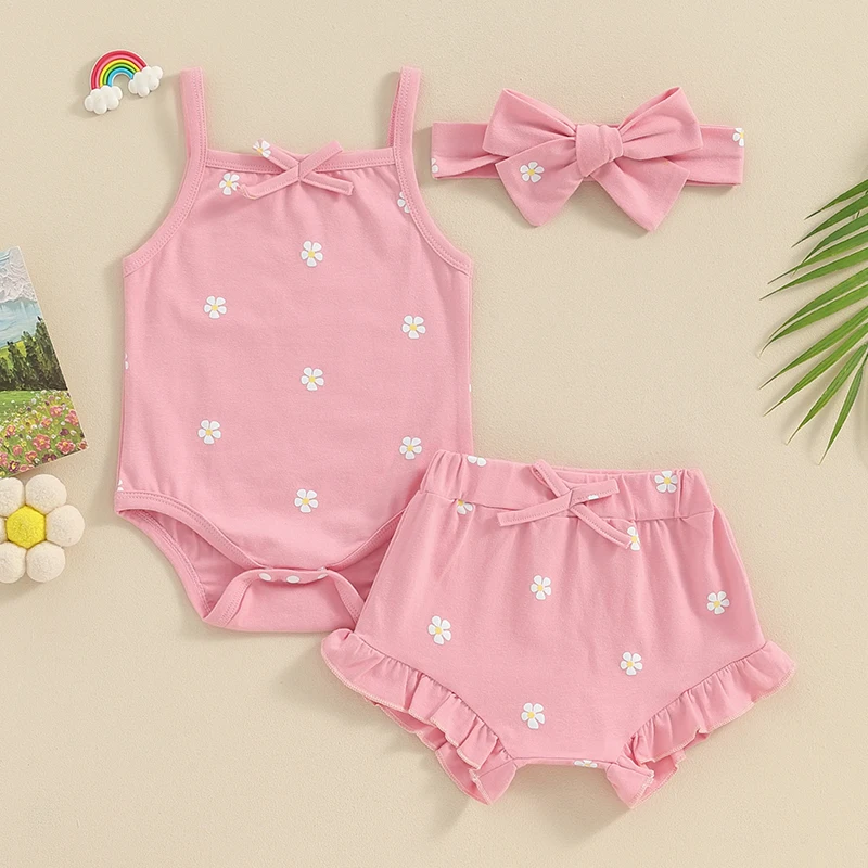 Newborn Set Baby Girls Outfits Clothing Cotton Sleeveless Bow Floral Print Romper + Ruffle Shorts + Headband Clothes