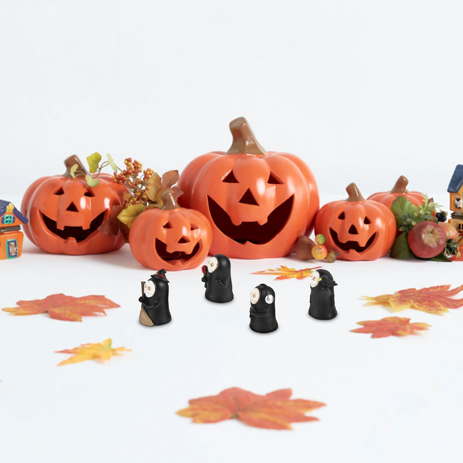 1Set Halloween Skull Ghost Decoration Black Robe Resin Desktop Ornament Spooky Home Office Table Centerpiece Party Supply