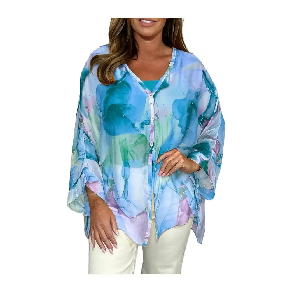 Women Shirt V-Neck Long Sleeve Loose Shirt Tops Single Breasted Print Chiffon Shirt