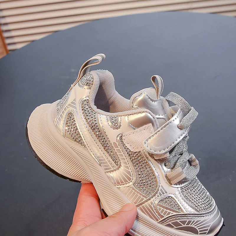 Kids Casual Sports Shoes with Rhinestones Boys Girls Running Shoes Mesh Breathable 2024 New Children Sneakers Fashion Trendy