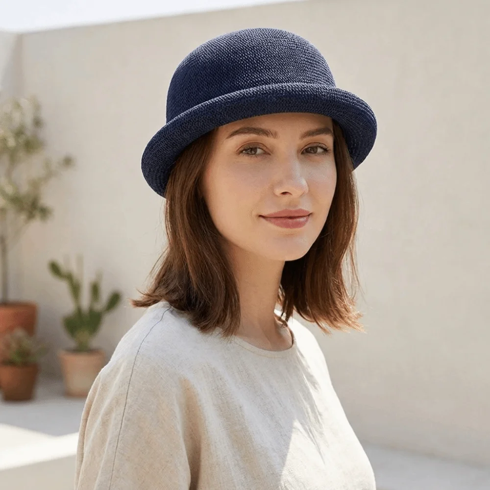 Fashion Solid Color Bucket Hat Cotton Linen Breathable Fedora Hat Knitted Hollowed-out Knitted Hat Ladies