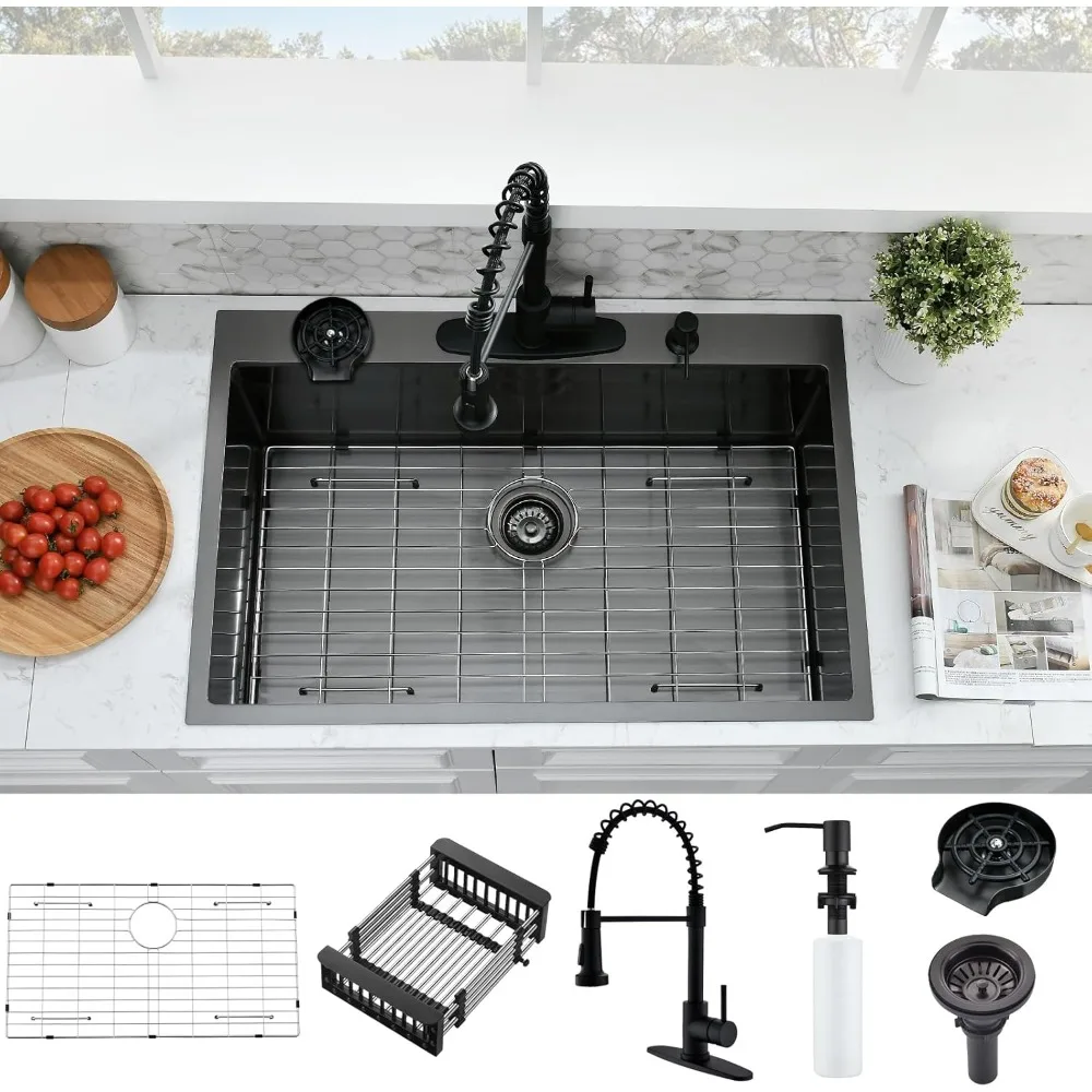 

Black Stainless Steel 33x22 Single Bowl Kitchen Sink and Faucet Combo Set with Cup Washer, 9 Inch Deep