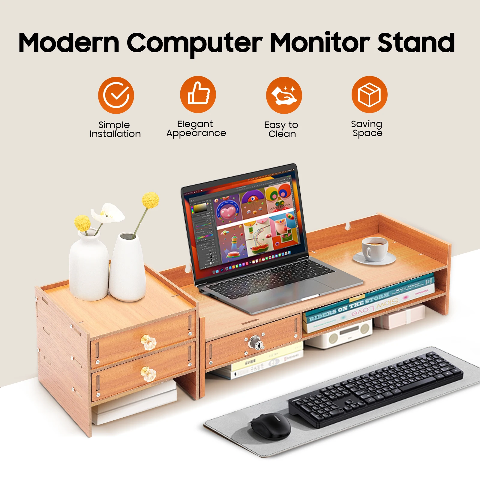 

Modern Wooden Computer Monitor Stand with Storage Drawers, Desktop Organizer Rack for Home Office, Monitor Riser w/ Phone Holder