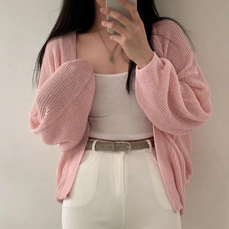 Summer Ice Silk Short Knitted Sunscreen Cardigan Solid Color Thin Versatile Casual Ice Silk Knit Cardigan Women Long Sleeve Top