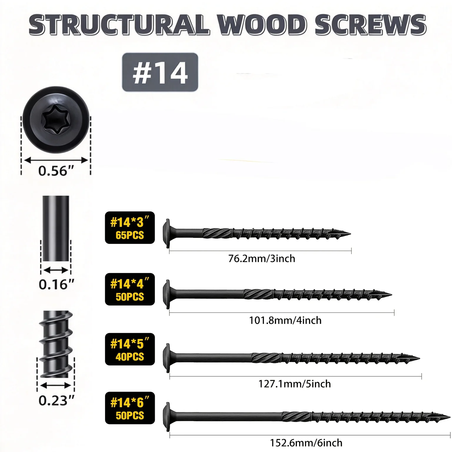 #14 Heavy Duty Black Star Drive Modified Truss Washer Head Screw for Wood Structure - Self Locking, Corrosion Resistant