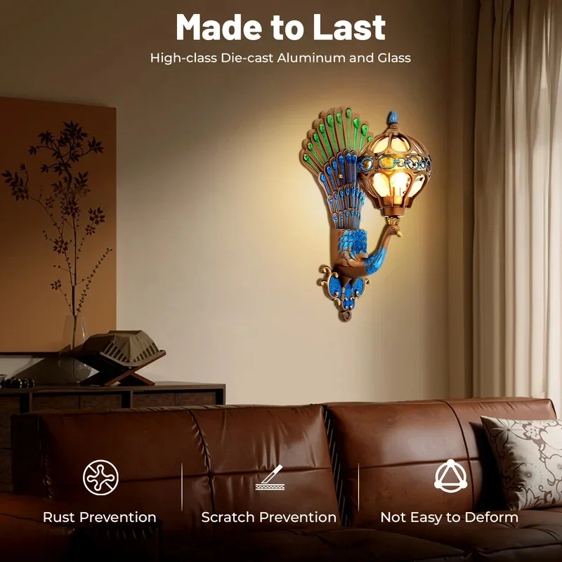 Vintage Peacock Wall Sconce Mosaic Glass Wall Lamp Art Decor Wall Light for Bedroom Restaurant Hallway Home Decoration