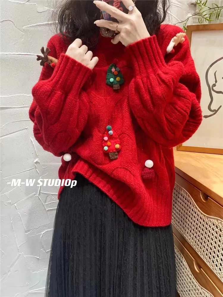 Sweet Girl New Fashion Christmas Red Sweater Holiday Decoration O Neck Twist Knit Pullover Long Sleeve Loose Casual Top Jumper