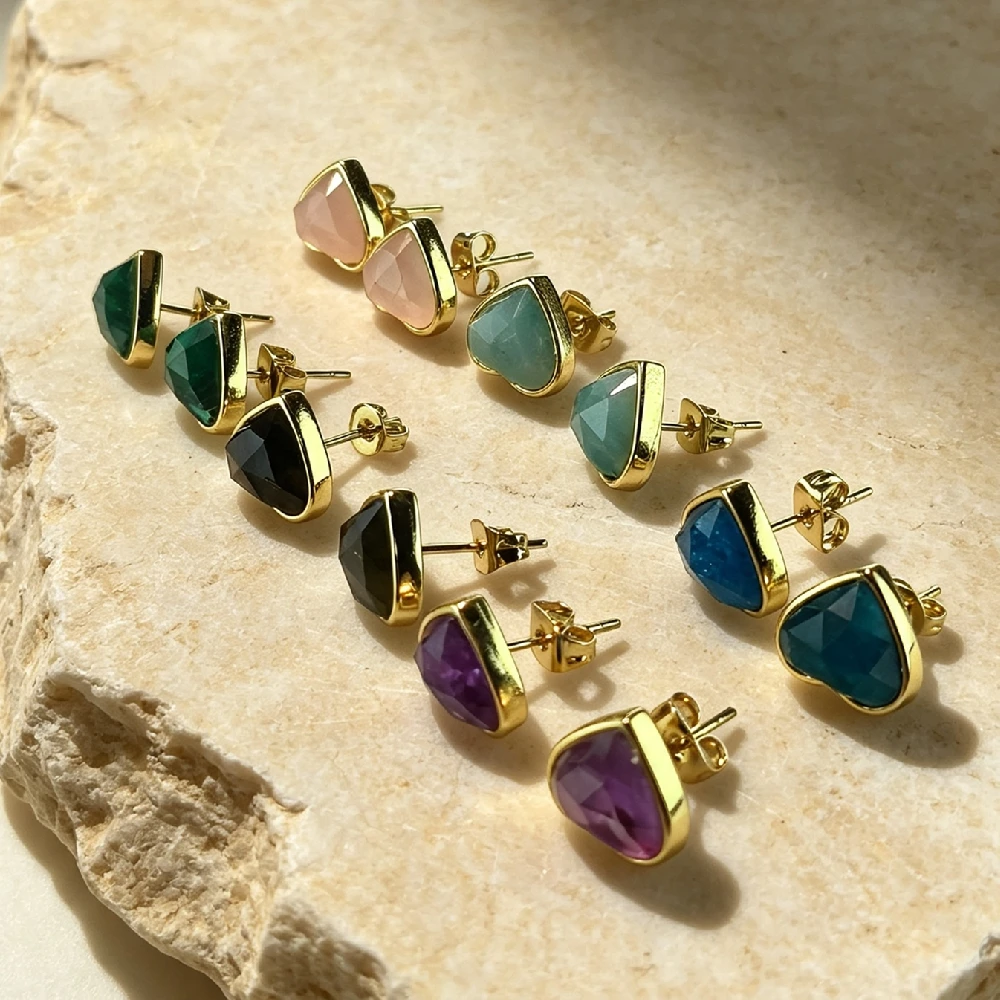 Heart Cut Natural Mineral Stud Ear Charms Multi Color Faceted Crystal Bezel Setting Golden Plated DIY Earring Component E2R1058